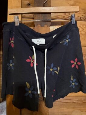 THE GREAT. Black Floral Drawstring Shorts with Multicolor Blooms